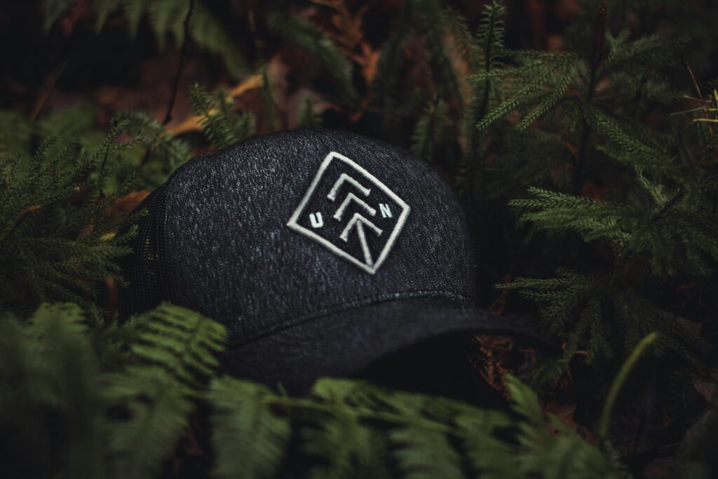 Close-up of a dark baseball cap with an embroidered design nestled among green ferns, creating a nature-themed concept.
